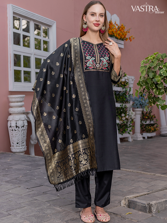 Traditional Embroidered Silk Suit Set with Dupatta