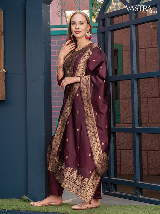 Traditional Embroidered Silk Suit Set with Dupatta