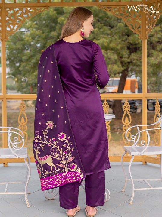 Polyester Blend Kurta With Bottom & Banarasi Silk Dupatta